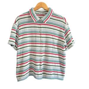 ZARA | White Cotton Blend Striped Collared Short Sleeve Cabana Sweater | Small